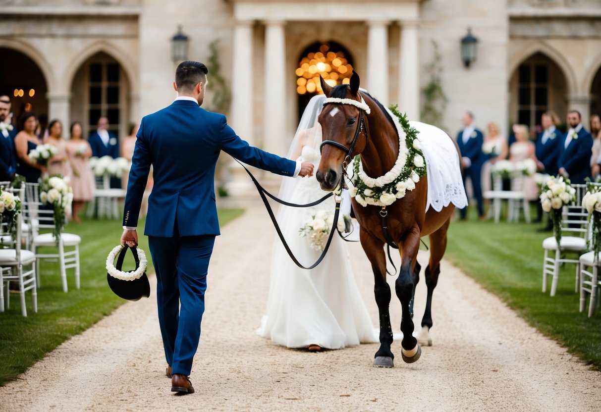 A groom leading a decorated horse towards a grand wedding venue