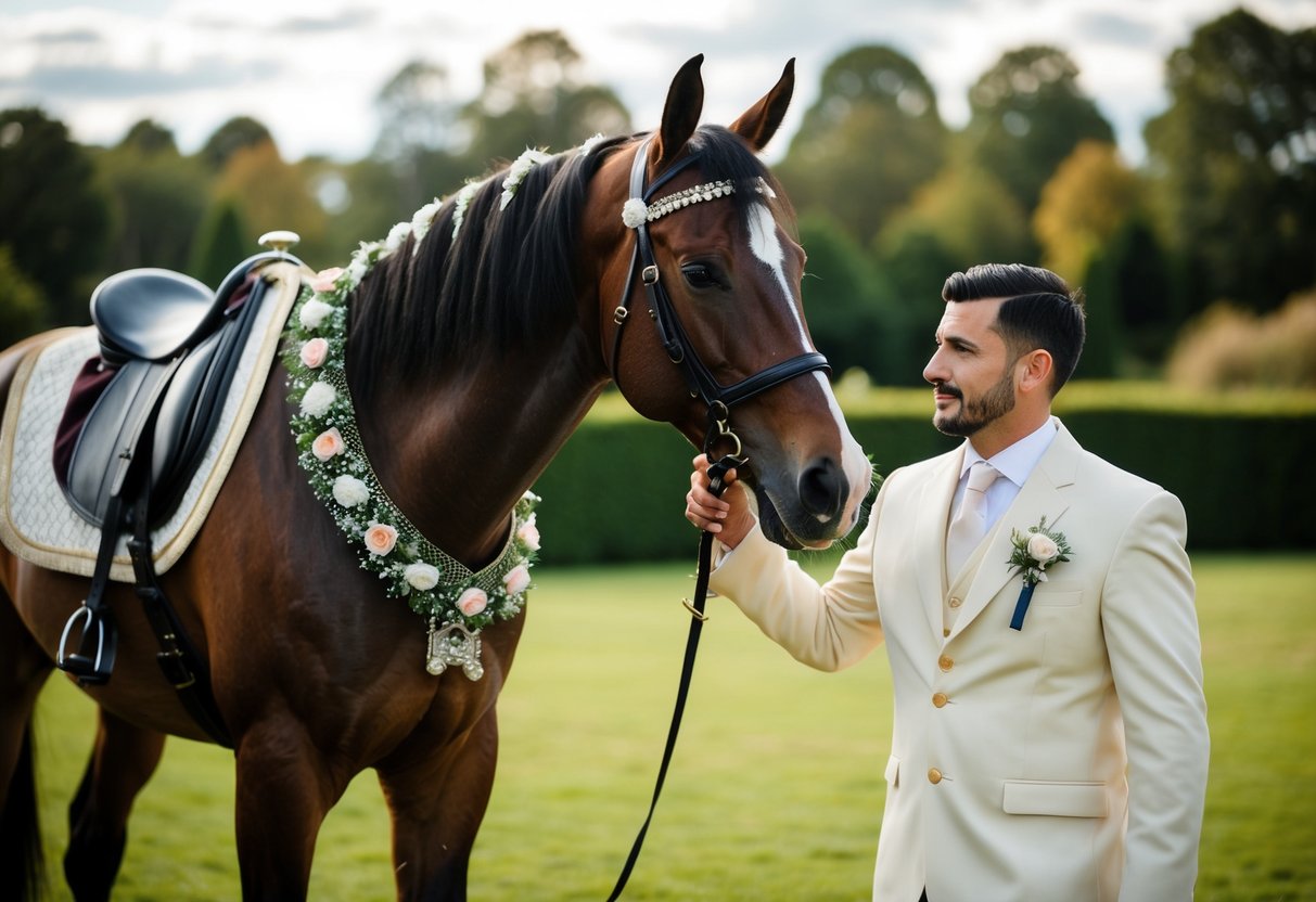 A groom standing next to a beautifully adorned horse, symbolizing the historical role of men in caring for and preparing horses for marriage processions