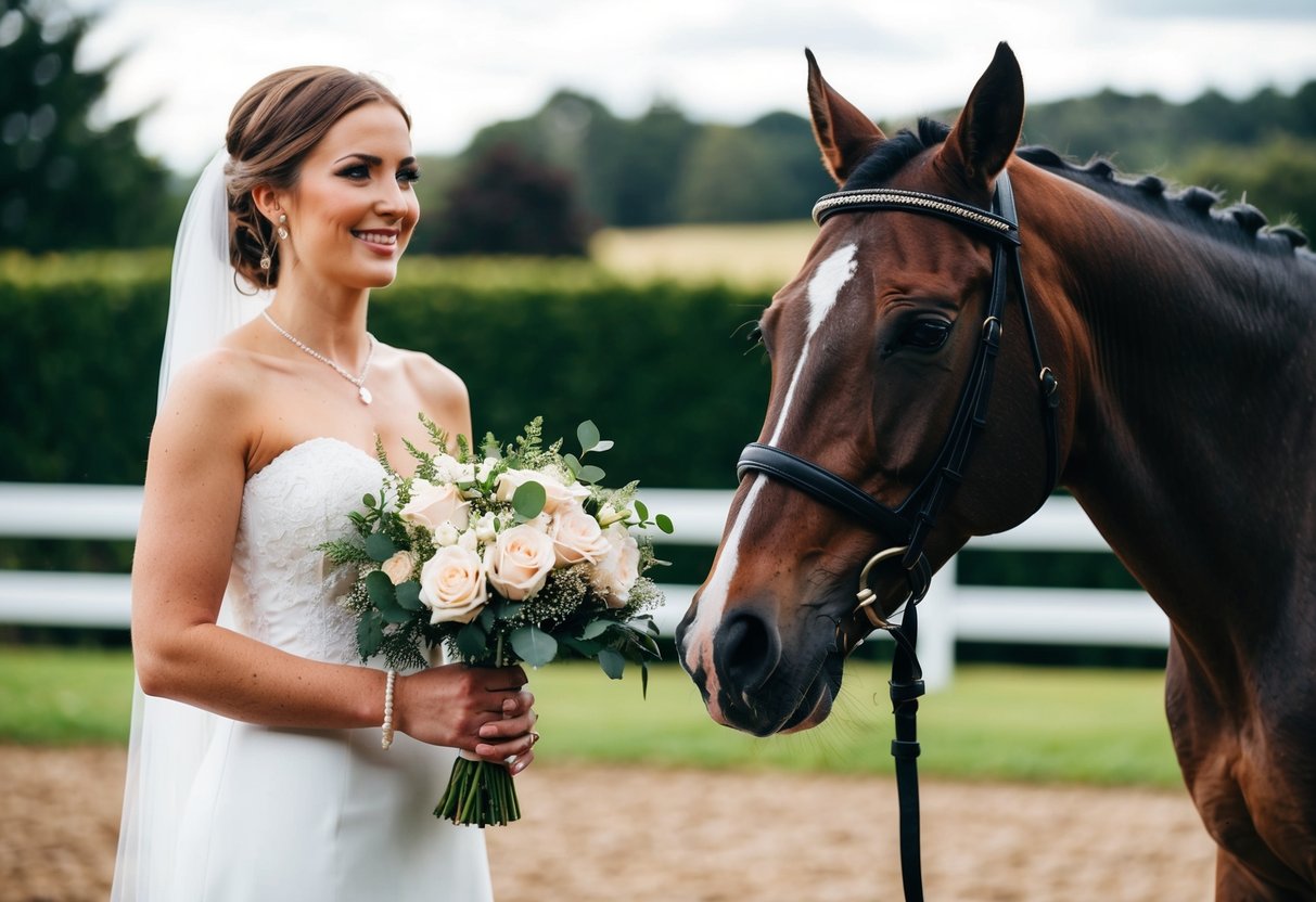 A bride holds a bouquet, while a horse wears a bridle