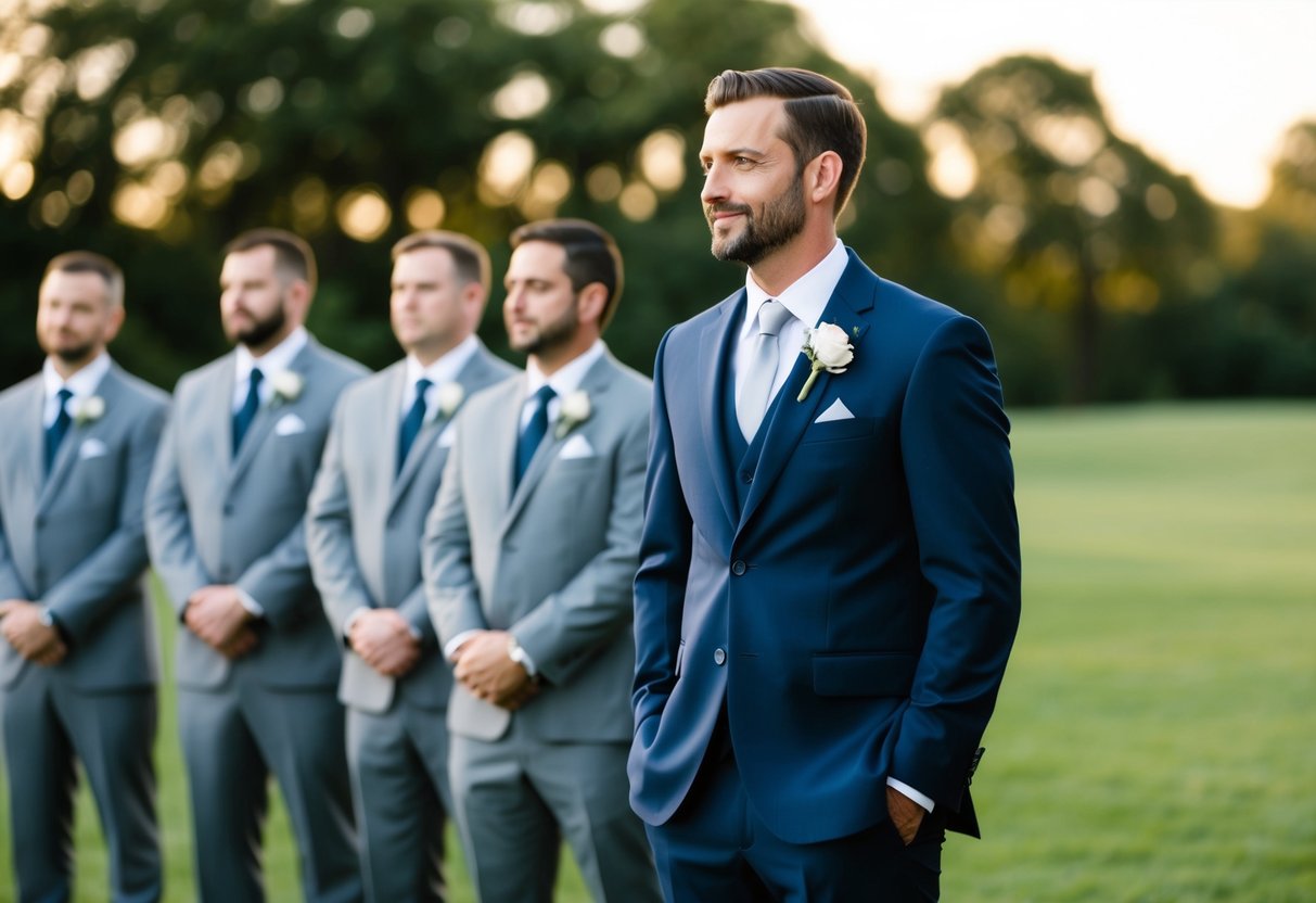 A groom in a navy suit stands apart from groomsmen in grey suits