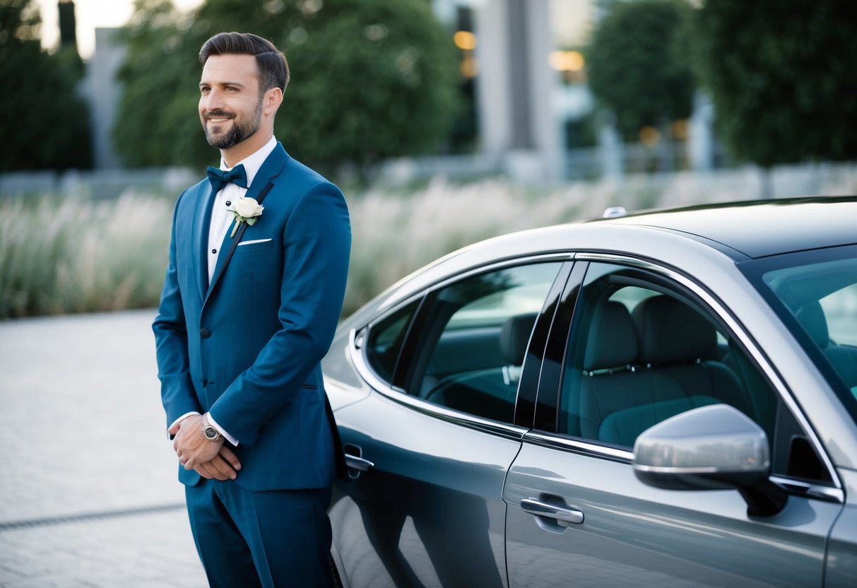 A groom stands beside a sleek, modern car, symbolizing the traditional role of a husband as a provider and protector in contemporary society