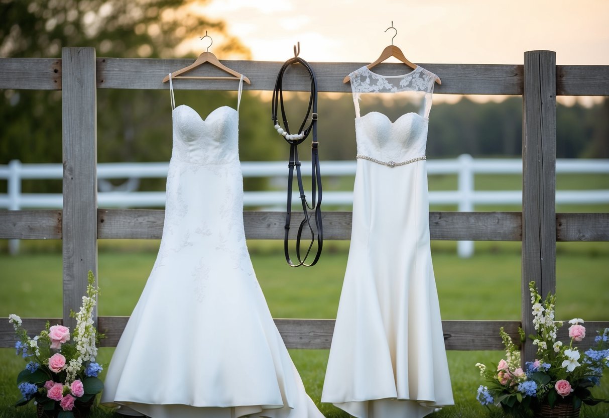 A bridal gown and a bridle hang side by side on a rustic wooden fence, surrounded by blooming flowers and elegant equestrian equipment