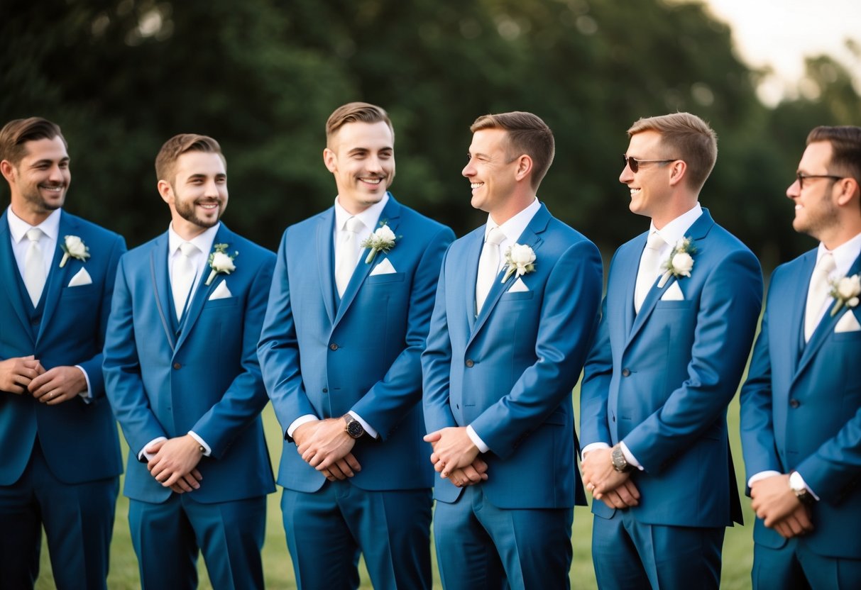 A group of groomsmen standing in a line, wearing matching suits and holding boutonnieres. They are smiling and chatting with each other