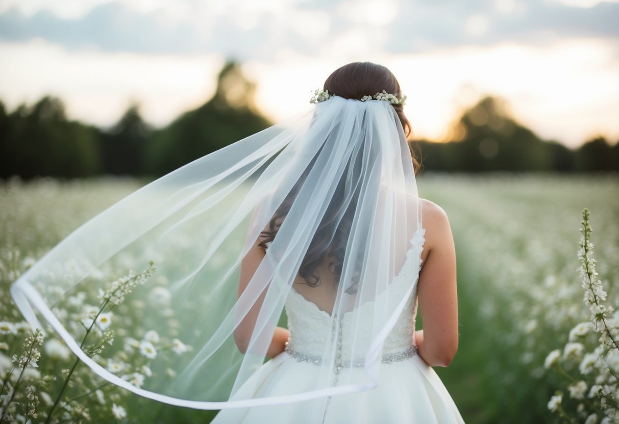 A bride's veil flowing in the wind, surrounded by delicate flowers and a soft, romantic atmosphere
