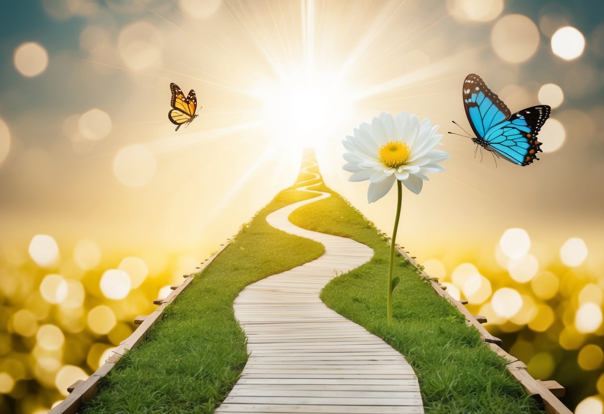A bride's journey depicted through a series of symbolic elements, such as a winding path leading to a radiant light, a blooming flower, and a fluttering butterfly