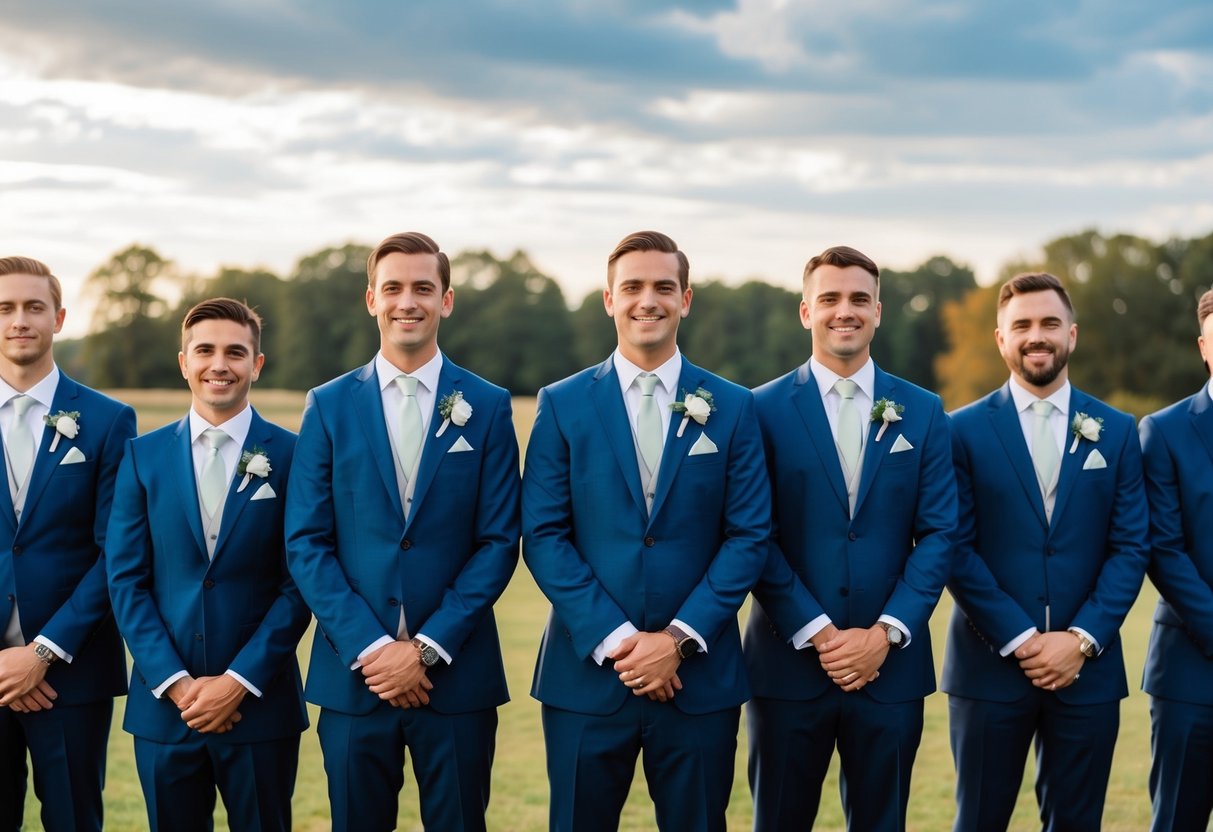 A group of groomsmen in suits and ties, standing in a line with a mix of traditional and modern accessories
