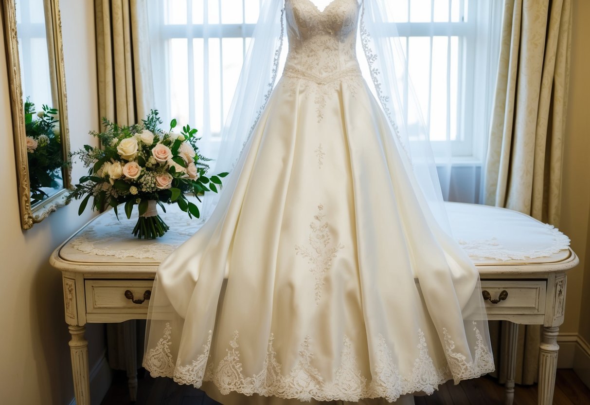 A beautiful bridal gown, veil, and bouquet arranged on a vintage dressing table