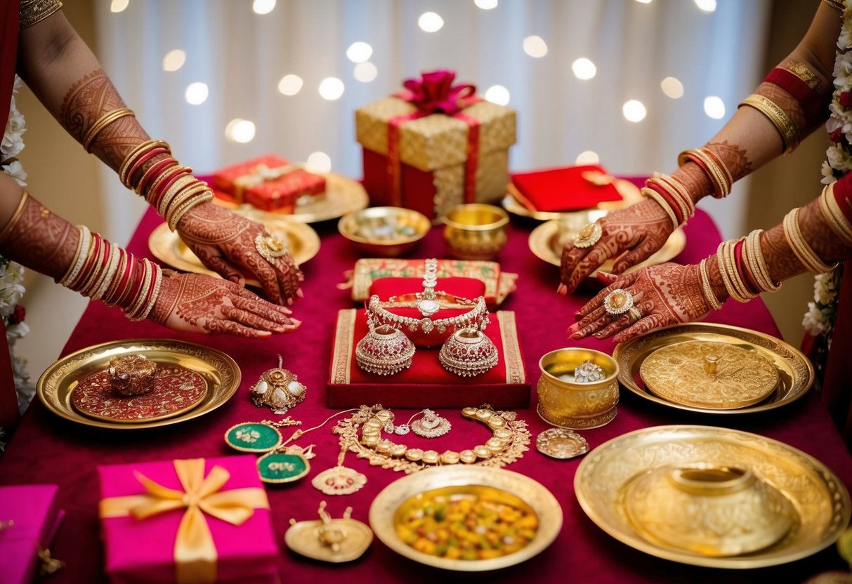 A table set with traditional pre-wedding items like henna, jewelry, and gifts, symbolizing the transition from singlehood to marriage
