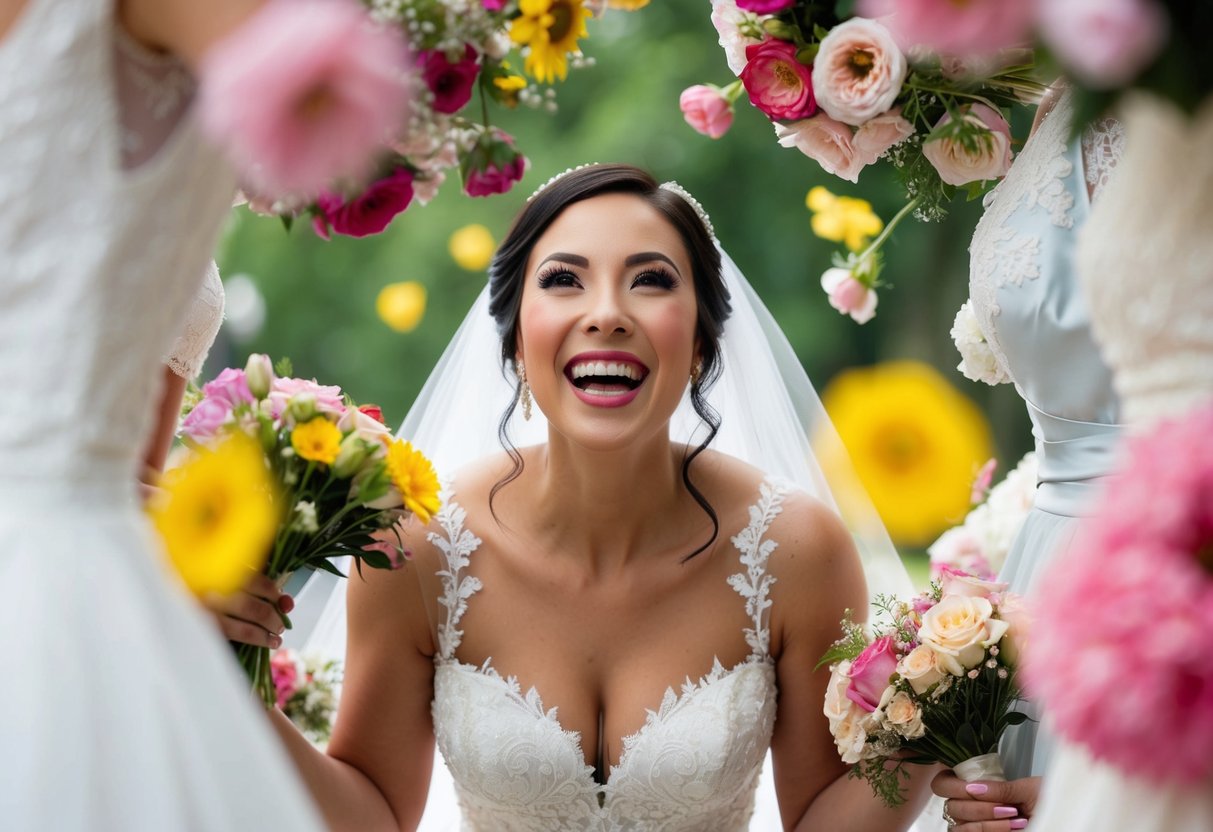 A bride-to-be surrounded by wedding dresses and flowers, with a joyful expression on her face