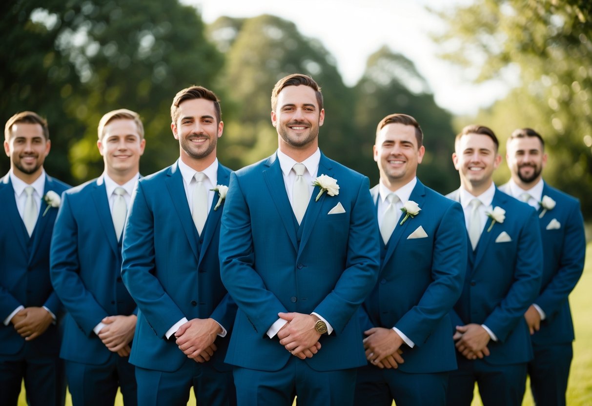 A group of groomsmen, in their mid-20s to early 30s, stand in a line, dressed in matching suits, smiling and posing for a photo at a wedding