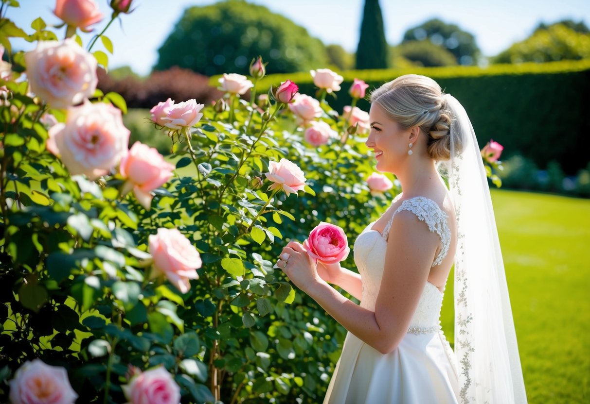 A bride surrounded by blooming roses in a sunny June garden