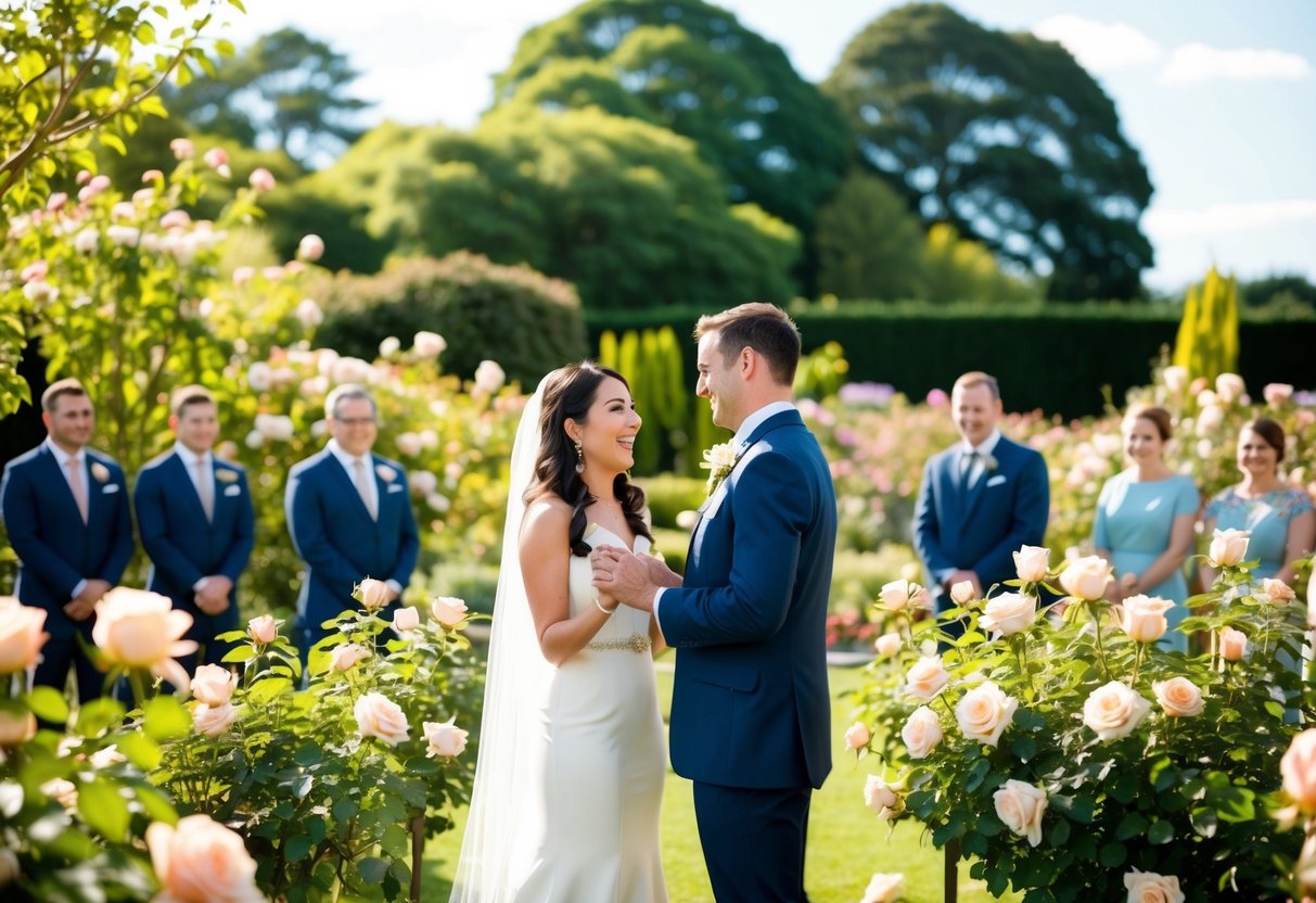 A sunny garden filled with blooming roses and happy couples exchanging vows