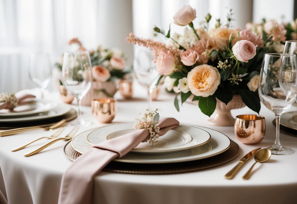 A table set with elegant dishes, a bouquet of flowers, and feminine decorations