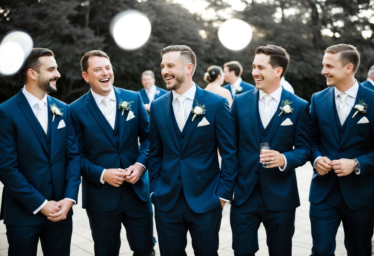 A group of groomsmen in their mid-20s to early 30s, standing together in matching suits, laughing and enjoying each other's company at a wedding party