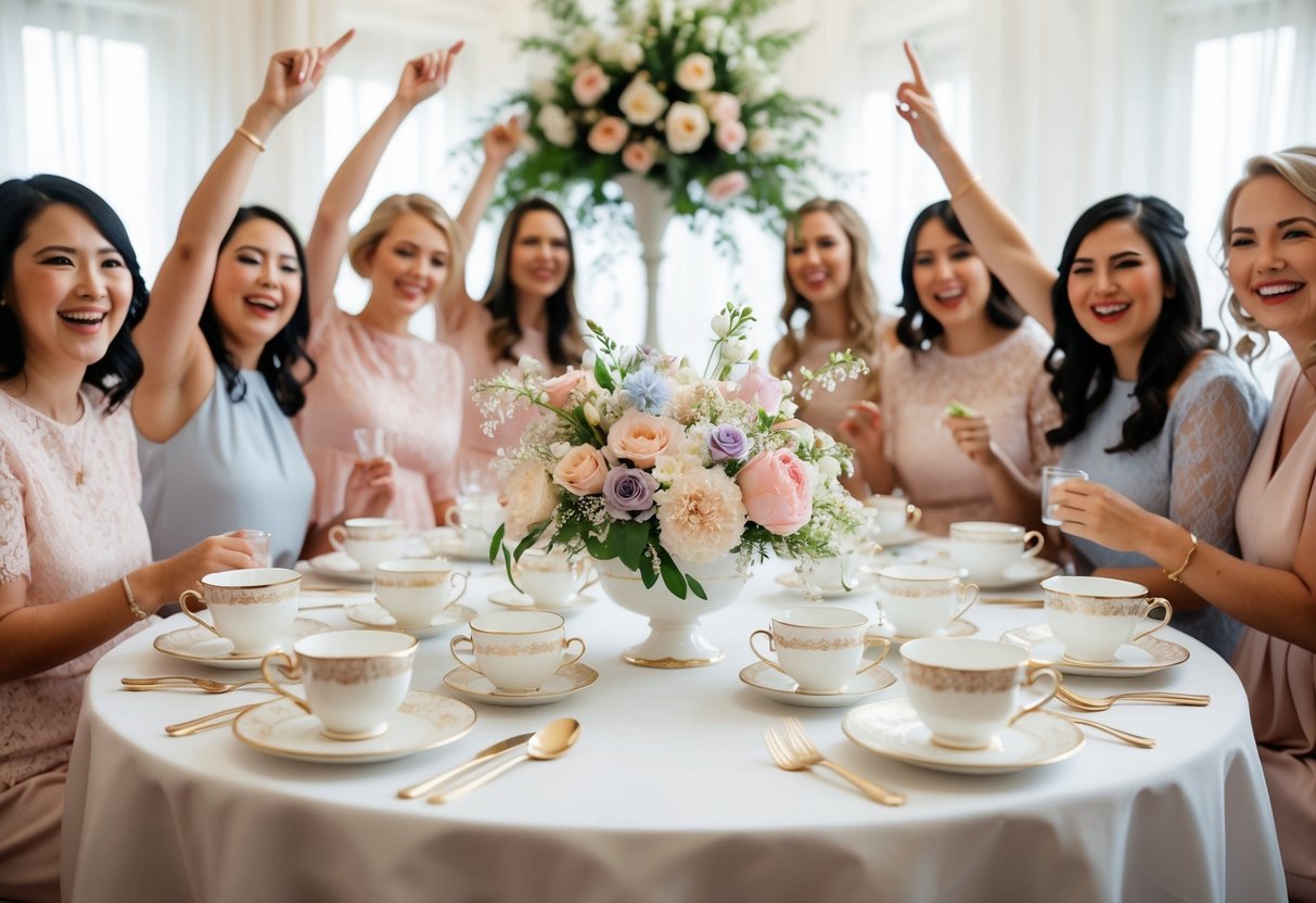 A table set with elegant teacups, pastel flowers, and delicate lace, surrounded by joyful women celebrating the upcoming marriage