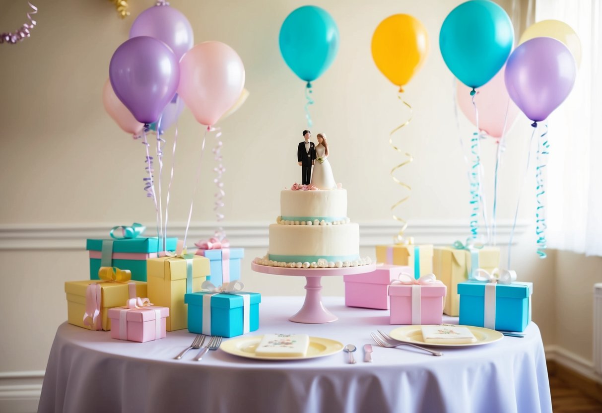 A table set with pastel decorations, gifts, and a cake with a bride and groom topper. Balloons and streamers fill the room