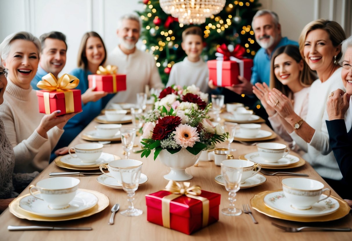 A table set with elegant teacups, floral centerpieces, and gift-wrapped presents, surrounded by joyful friends and family members