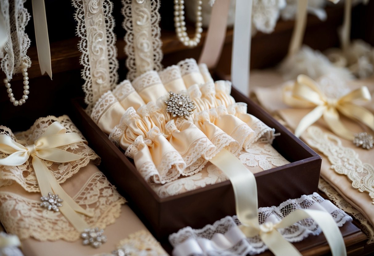 A garter is purchased from a quaint shop, nestled among lace and silk, with delicate ribbons and intricate details on display