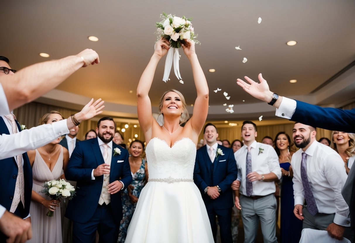 A bride's garter being tossed in the air, surrounded by eager wedding guests