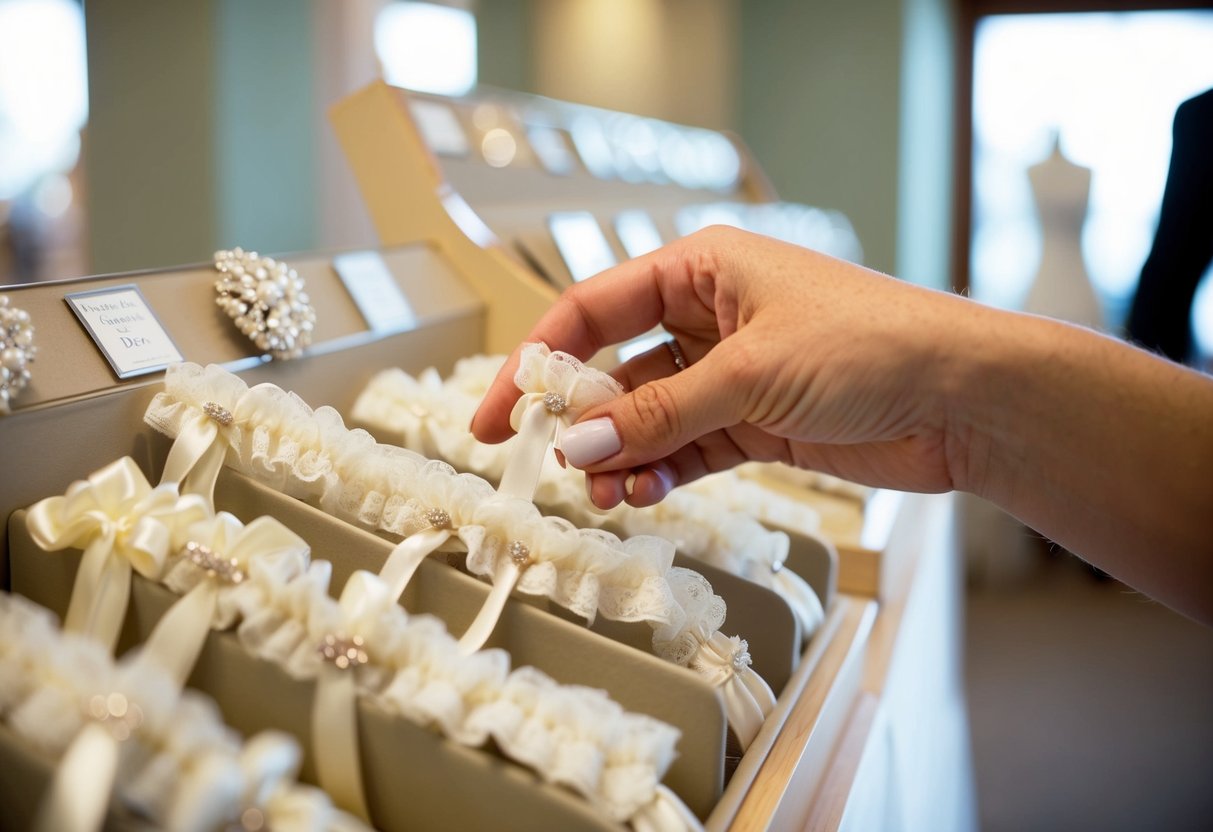 A hand reaches into a display of garters at a wedding boutique, selecting one to purchase for the bride