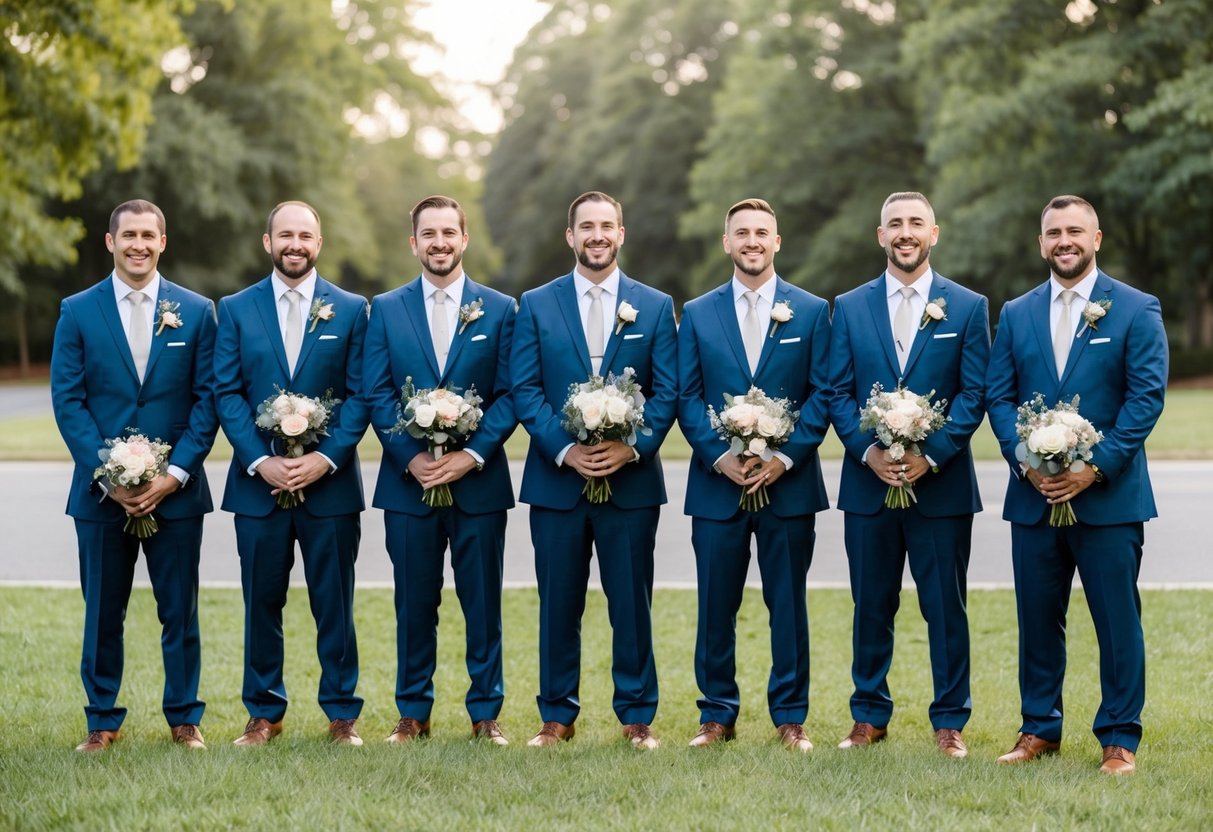 Seven groomsmen stand in a line, each holding a bouquet of flowers. They are dressed in matching suits and smiling as they pose for a photo