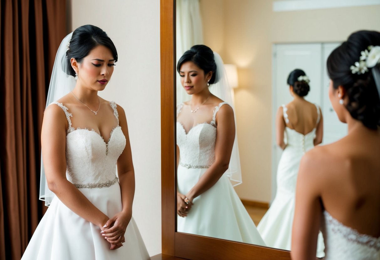 A bride standing in front of a mirror, looking at her wedding dress with a disappointed expression