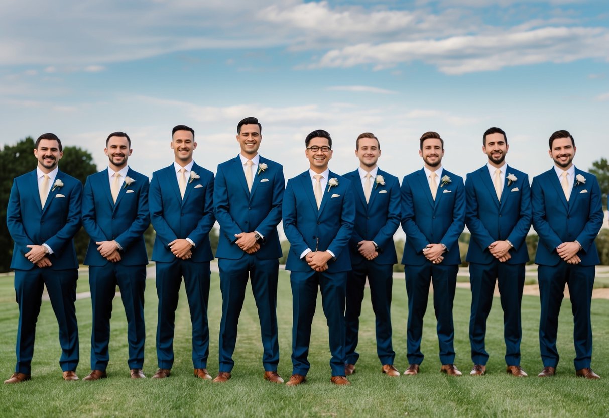 A group of seven groomsmen standing in a line, dressed in matching suits, with the groom in the center. They are posed in a formal and symmetrical arrangement
