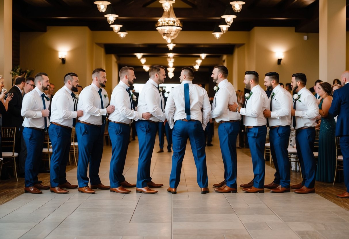 A group of 7 groomsmen stand in a line, creating a bottleneck in the wedding venue as they struggle to move through the crowded space
