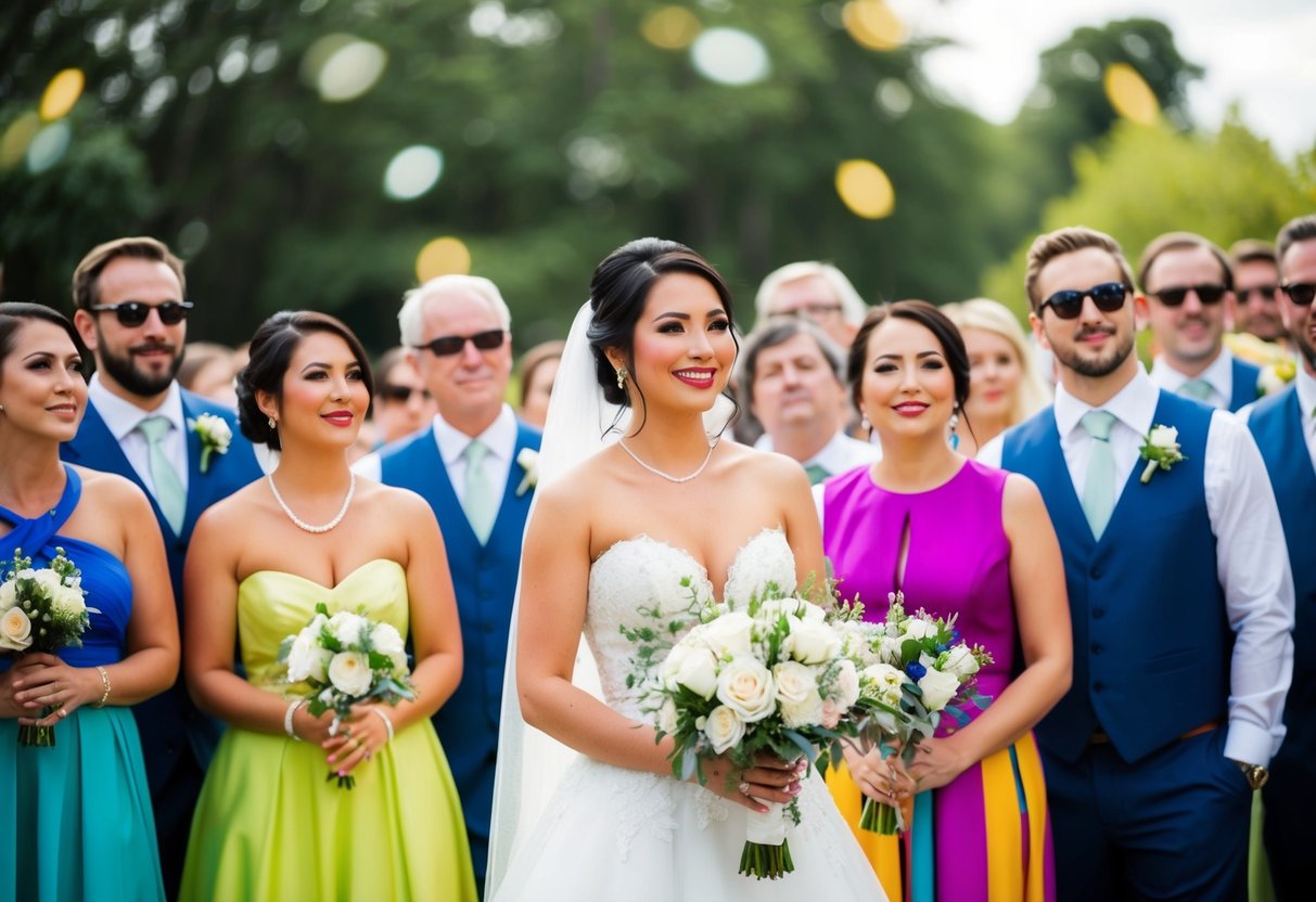 A wedding party with the bride in a white gown, surrounded by guests in colorful attire, all looking at her with admiration and respect