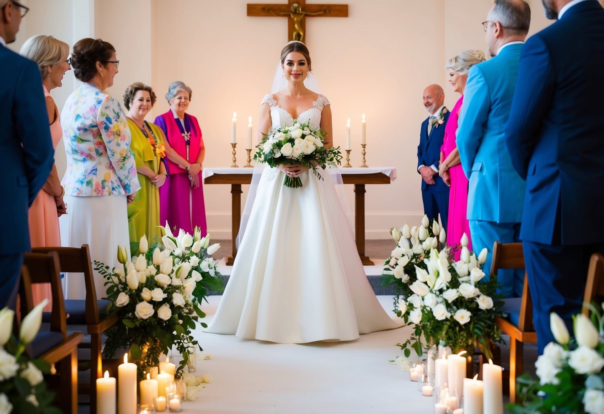 A bride in a white gown stands at the altar, surrounded by white flowers and candles. Guests in colorful attire watch with reverence