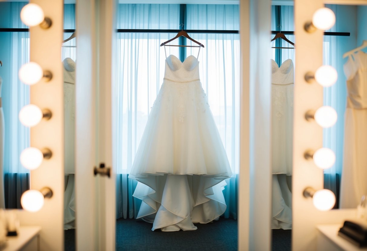 A wedding dress hanging on a mannequin, surrounded by mirrors and soft lighting