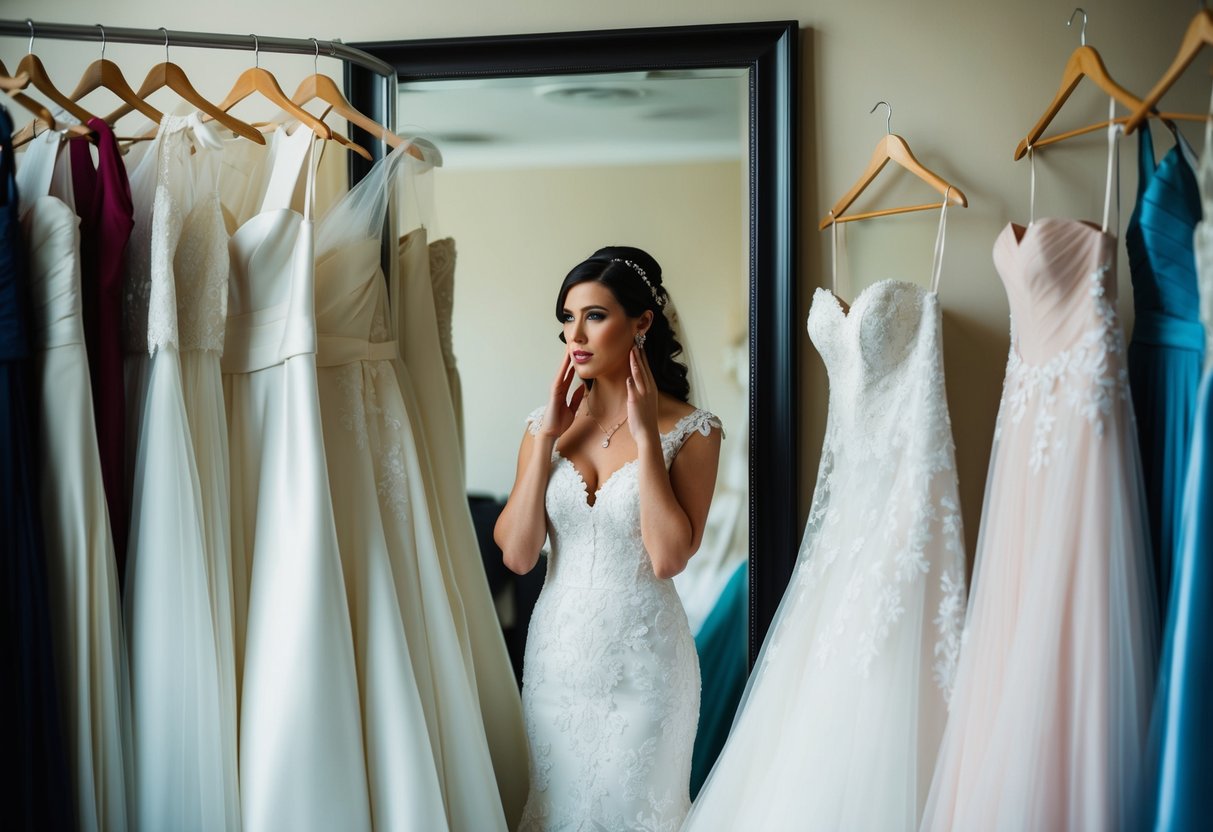 A bride hesitates in front of a mirror, surrounded by a collection of wedding dresses. She looks uncertain, as if debating whether to try one on