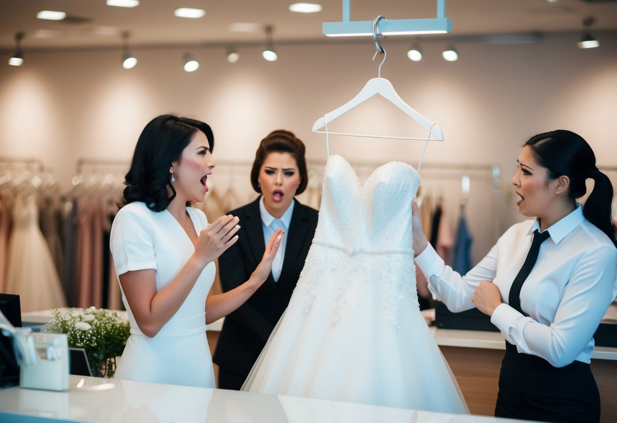 A wedding dress being rejected at a store counter, with a frustrated customer and a disapproving salesperson