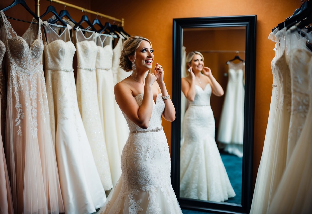 A bride-to-be stands in front of a row of elegant wedding dresses, pondering which one to try on. A mirror reflects her excitement and nervousness