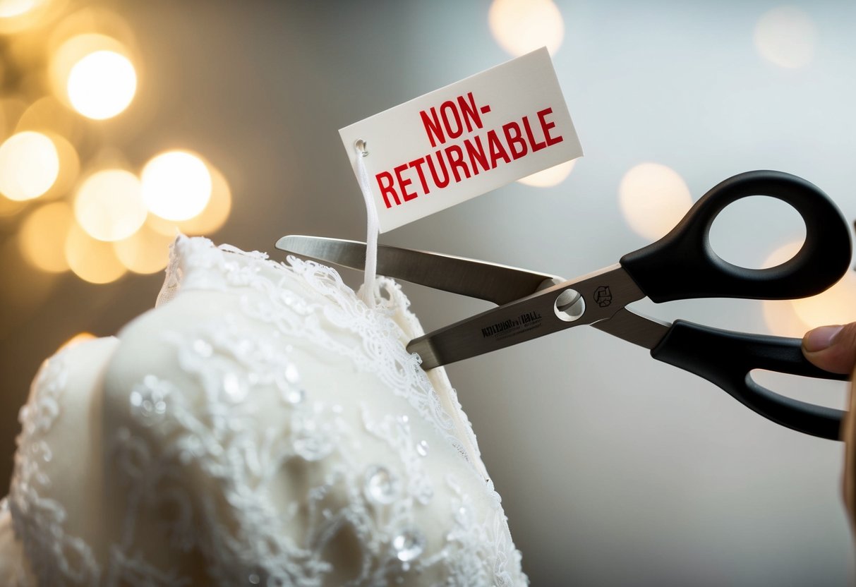A wedding dress being cut into pieces by a pair of scissors, with a "non-returnable" label attached to it