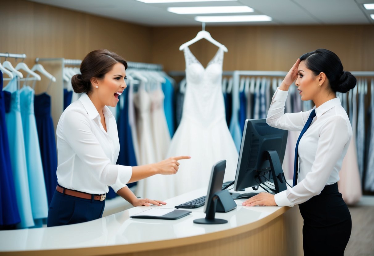 A frustrated customer standing at a customer service desk, pointing to a wedding dress while a store employee shakes their head