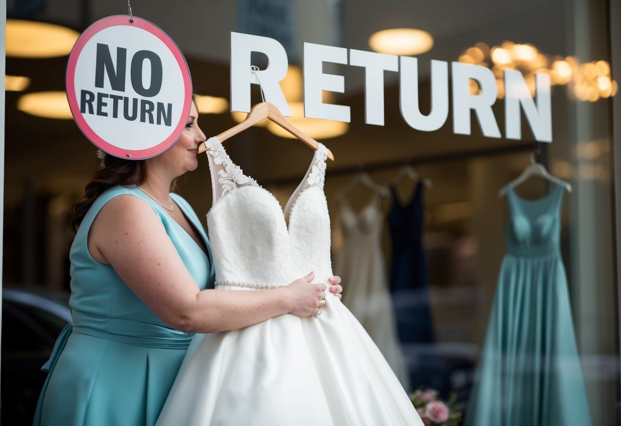 A bride holding a wedding dress with a "no return" sign displayed prominently in the store window