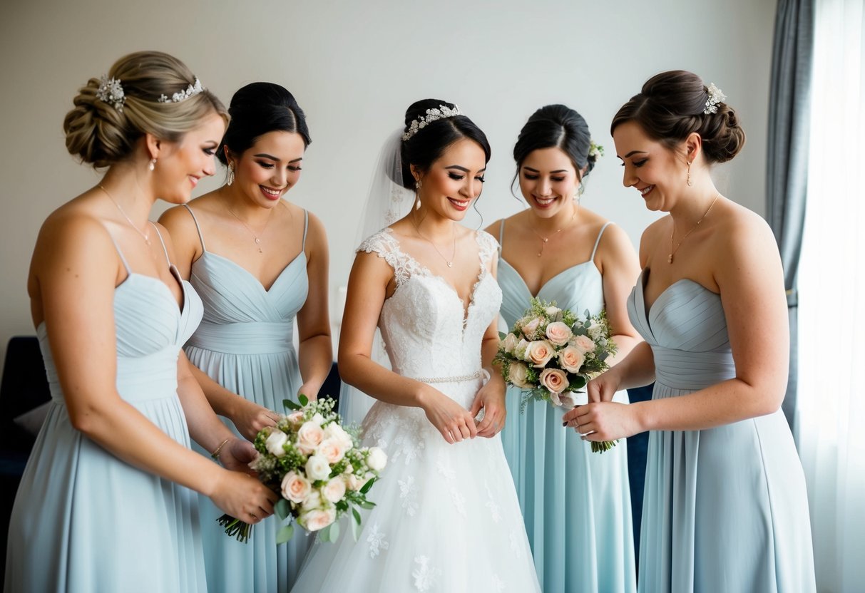 Bridesmaids helping the bride with her dress, arranging flowers, and preparing for the wedding