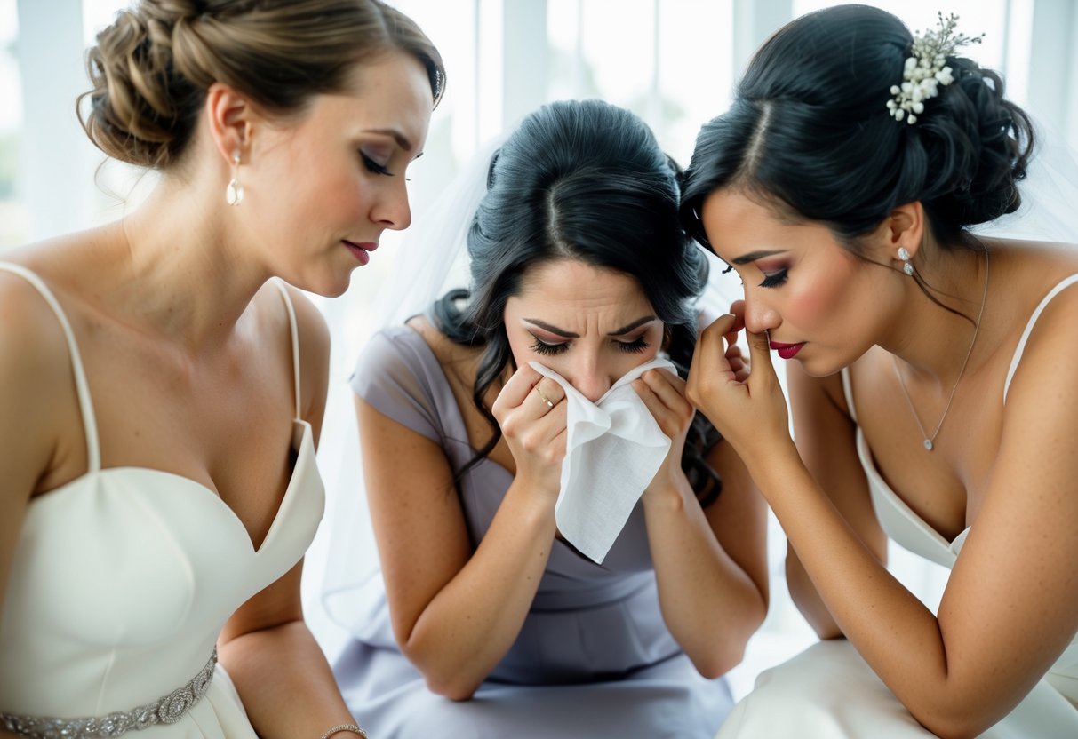 A bridesmaid comforting another with a tissue, showing empathy and support