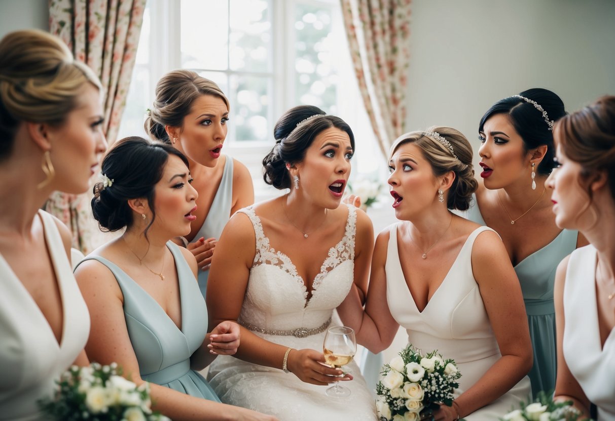 A group of bridesmaids gossiping and making inappropriate comments, causing discomfort and disapproval among the wedding guests
