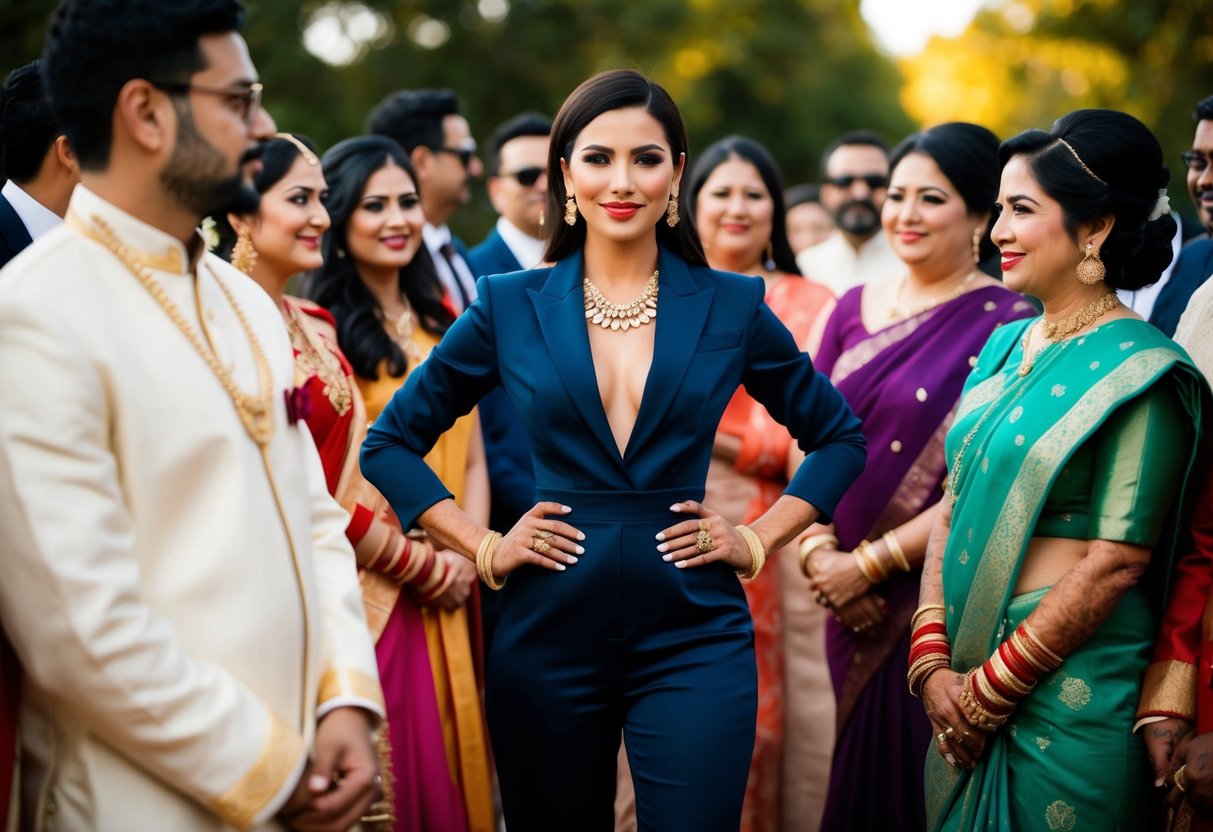 A woman in a chic jumpsuit, with a bold blazer and statement jewelry, stands confidently among a group of traditionally dressed wedding guests