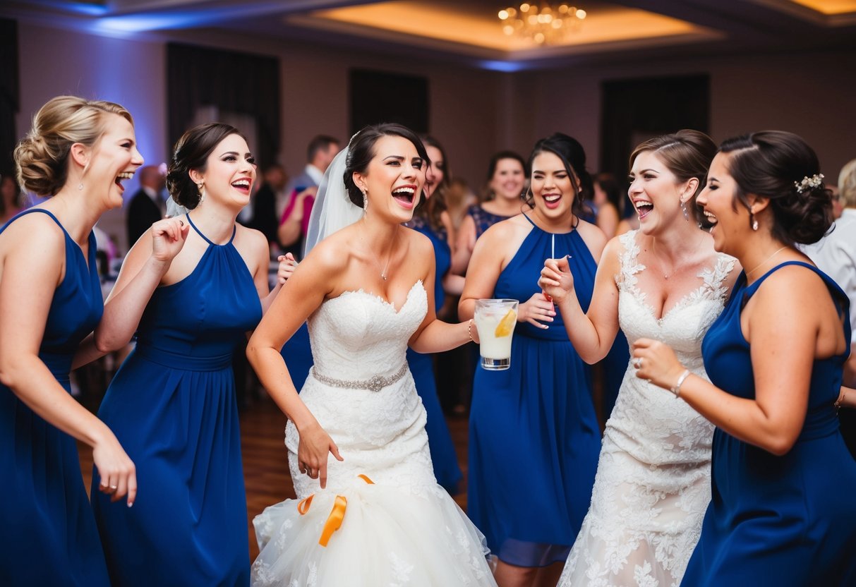 Bridesmaids dancing and laughing at a wedding reception, while one of them spills a drink on the bride's dress