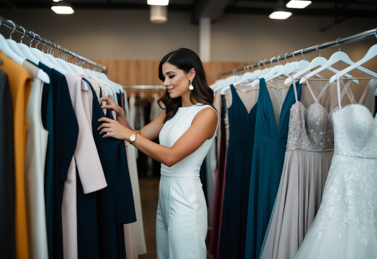 A woman browsing through a rack of non-traditional wedding attire, such as jumpsuits, separates, and unconventional dresses