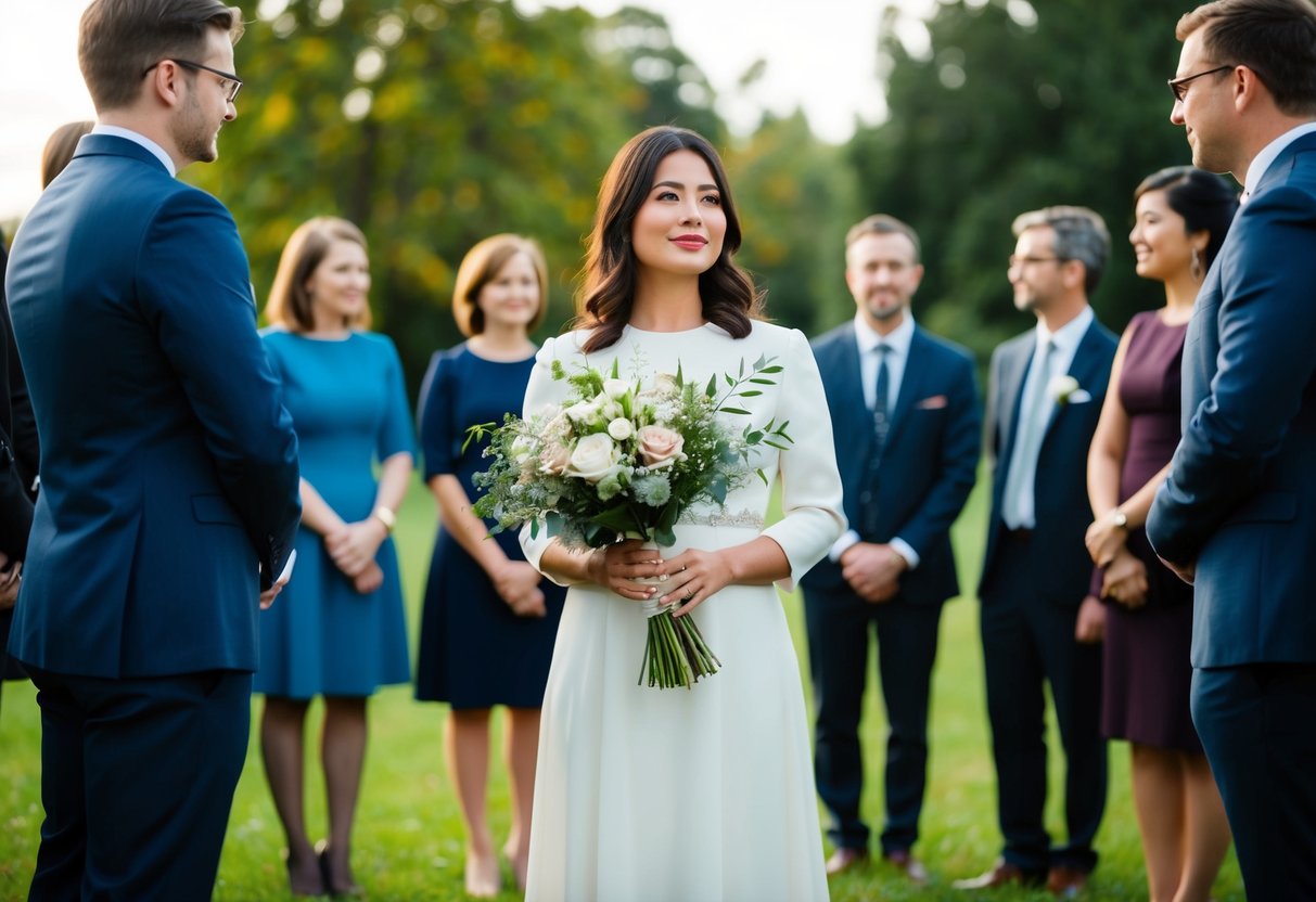 A woman stands alone, holding a bouquet, while others gather in a circle, excluding her