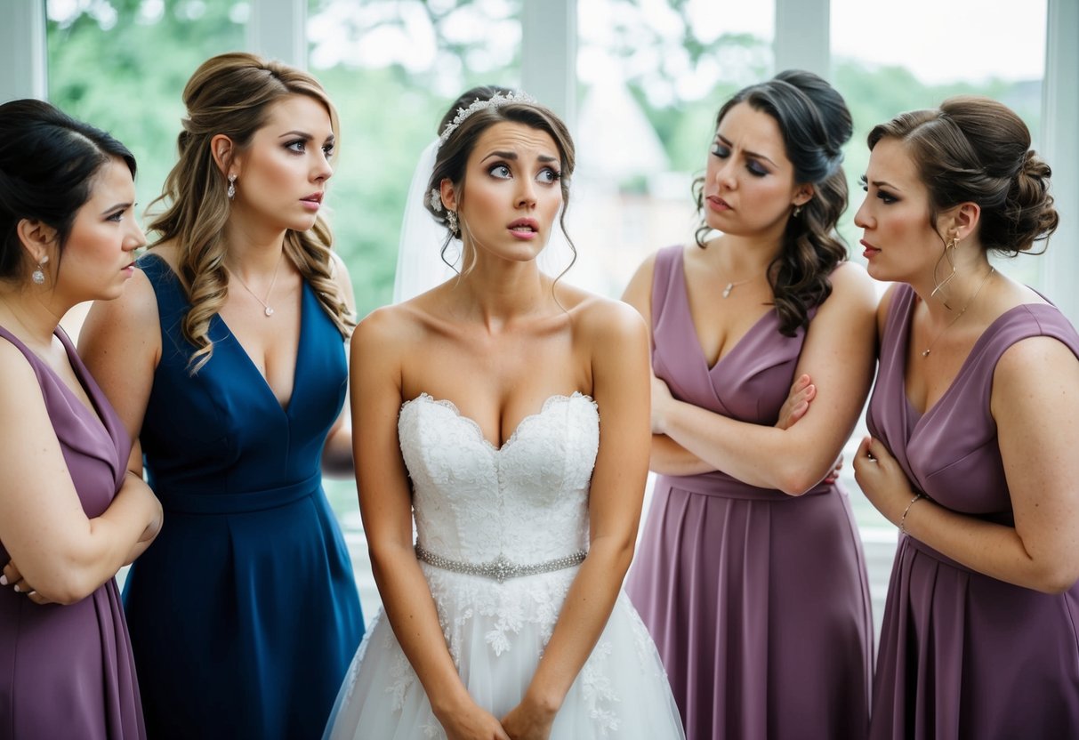 A bride surrounded by potential bridesmaids, looking conflicted while her sister-in-law stands apart, looking hurt