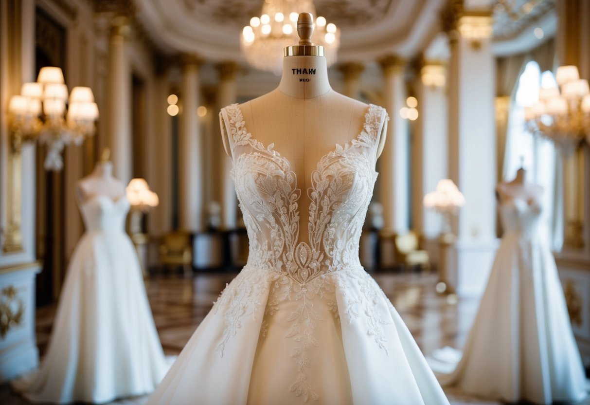 A luxurious wedding dress displayed on a mannequin in a grand, opulent setting
