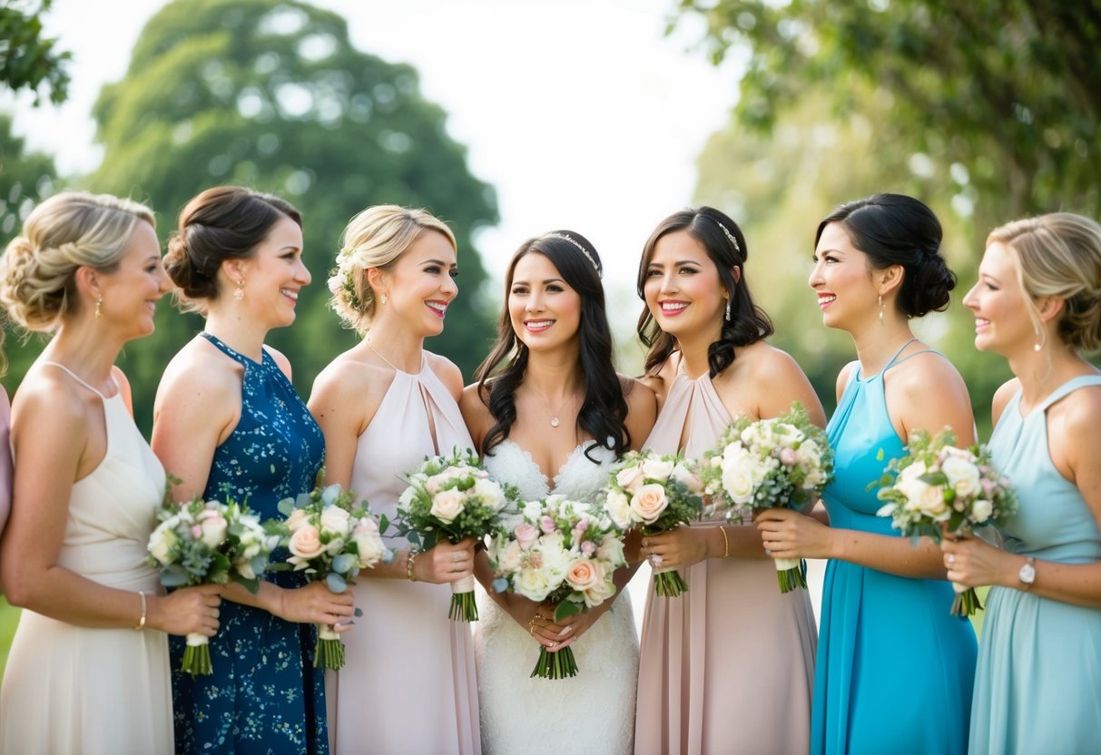 A group of women standing together, some holding bouquets, while others adjust their dresses and chat in a cheerful, celebratory atmosphere