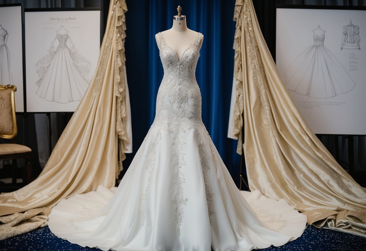 A regal wedding dress displayed on a mannequin, adorned with intricate lace and delicate beading, surrounded by luxurious fabric and elegant design sketches