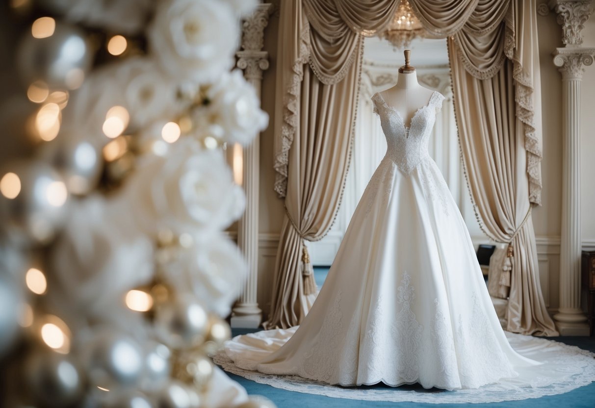 A grand, opulent wedding dress displayed on a mannequin, surrounded by elegant fabrics and intricate lace details