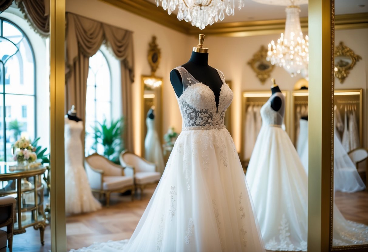 A wedding dress displayed on a mannequin in a luxurious boutique with elegant lighting and ornate decor